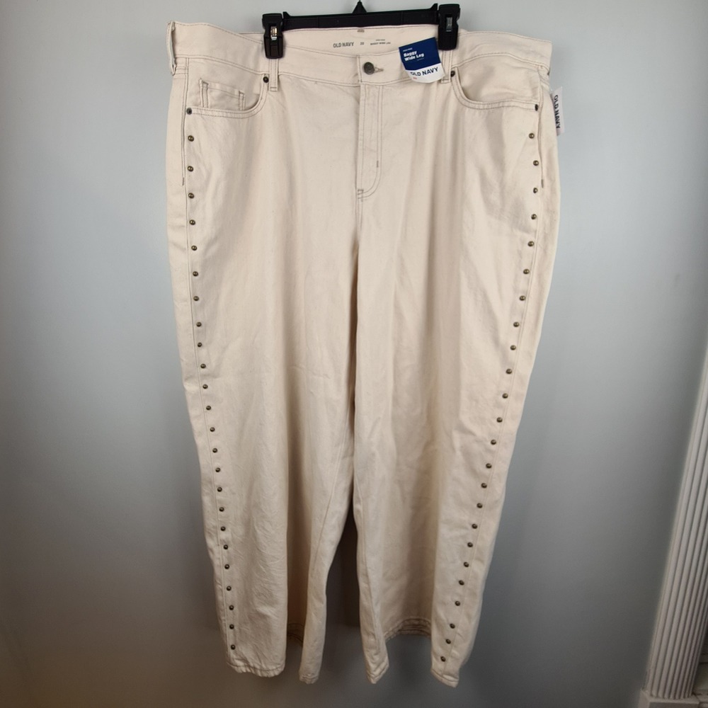 Old Navy Womens 20 High Rise Baggy Wide Leg Studded Jeans Beige Ecru NWT Western